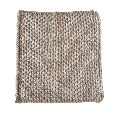 Taupe handmade knitted dishcloth made from absorbent recycled cotton for kitchen and bathroom use.