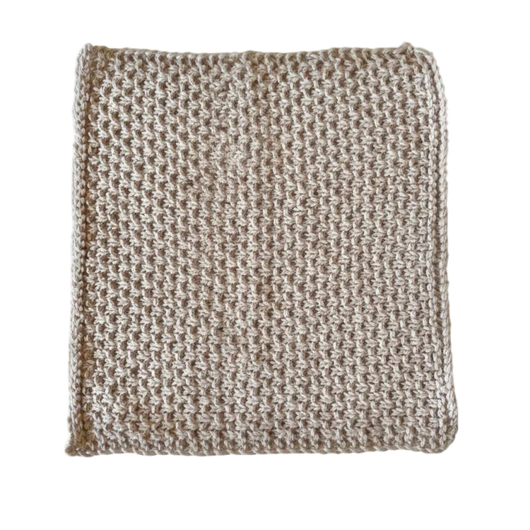 Taupe handmade knitted dishcloth made from absorbent recycled cotton for kitchen and bathroom use.
