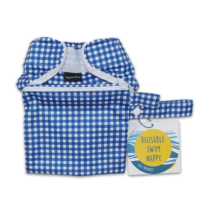 On The Go Gift Set - Reusable Swim Nappy, Wet Bag and Baby Bib - Blue Gingham