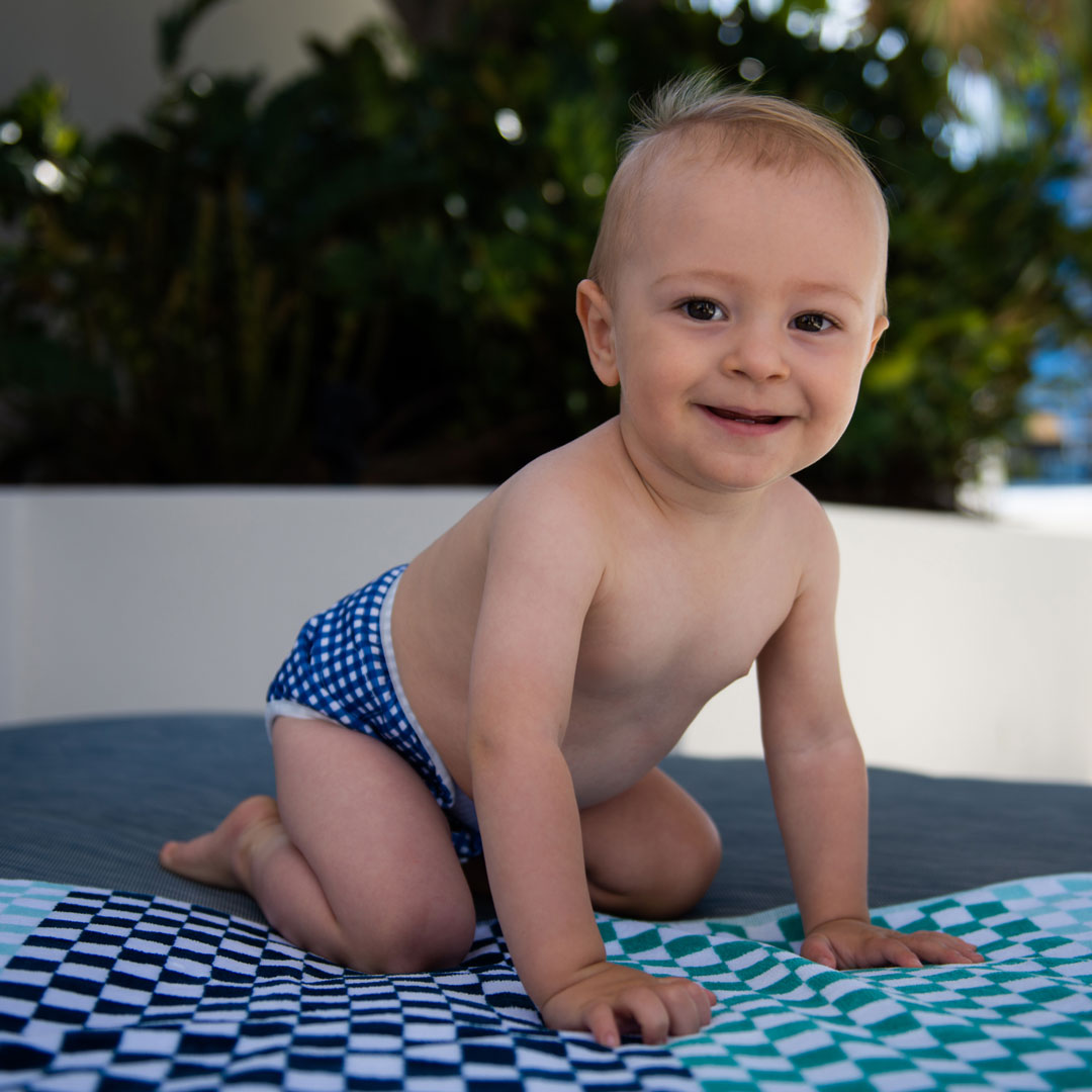 On The Go Gift Set - Reusable Swim Nappy, Wet Bag and Baby Bib - Blue Gingham