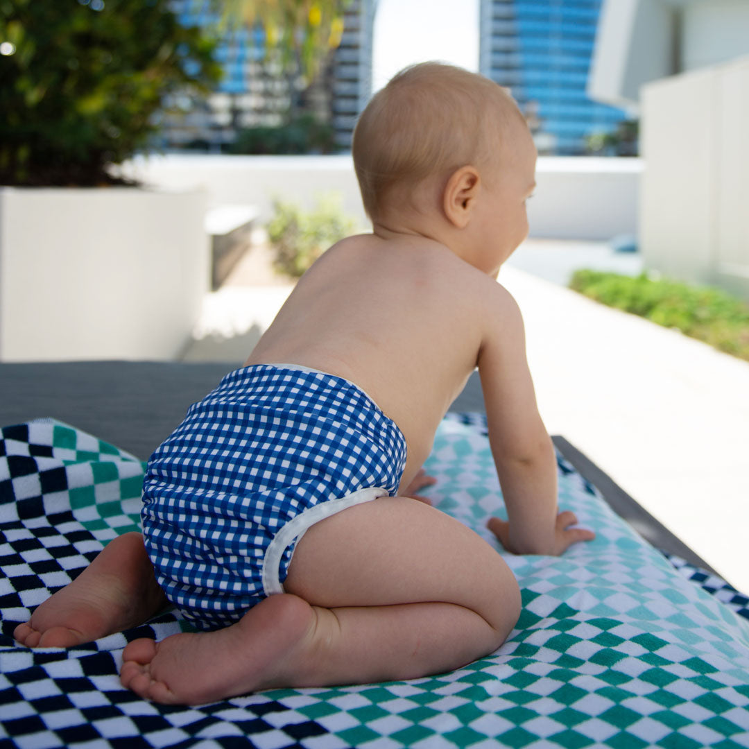 On The Go Gift Set - Reusable Swim Nappy, Wet Bag and Baby Bib - Blue Gingham