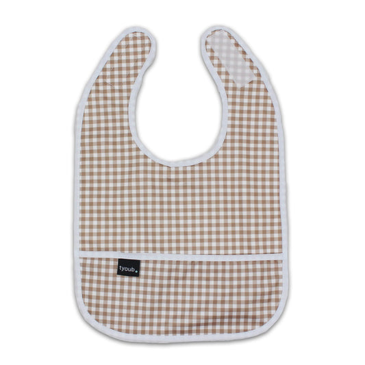 Baby Bib Tyoub Stay-dry Waterproof Fabric– Fawn White Gingham Check. For baby feeding and eating, bib covers chest area, keeping baby clean after mealtime. Comfortable with a strong Velcro tab to ensure a comfortable and secure fit, but easy for carer to remove. Gentle and soft on baby skin. Safe and secure our bibs are BPA-free, phthalate-free, PVC-free and lead-free. Unisex design fits infant, baby, toddler boys and girls from 6 months to 24 months.