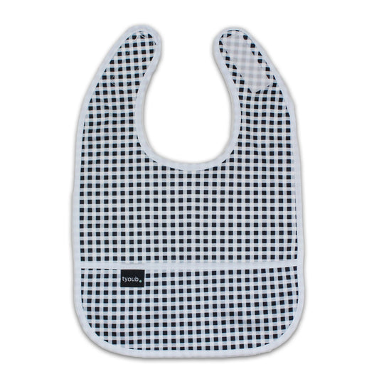 Baby Bib Tyoub Stay-dry Waterproof Fabric– Black White Gingham Check. For baby feeding and eating, bib covers chest area, keeping baby clean after mealtime. Comfortable with a strong Velcro tab to ensure a comfortable and secure fit, but easy for carer to remove. Gentle and soft on baby skin. Safe and secure our bibs are BPA-free, phthalate-free, PVC-free and lead-free. Unisex design fits infant, baby, toddler boys and girls from 6 months to 24 months.