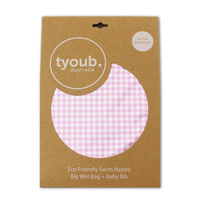 On The Go Gift Set - Reusable Swim Nappy, Wet Bag and Baby Bib - Pink Gingham
