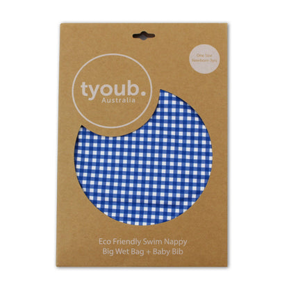 On The Go Gift Set - Reusable Swim Nappy, Wet Bag and Baby Bib - Blue Gingham