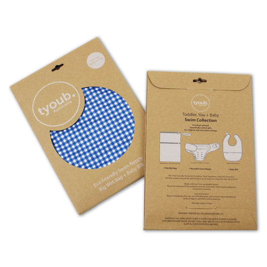On The Go Gift Set - Reusable Swim Nappy, Wet Bag and Baby Bib - Blue Gingham