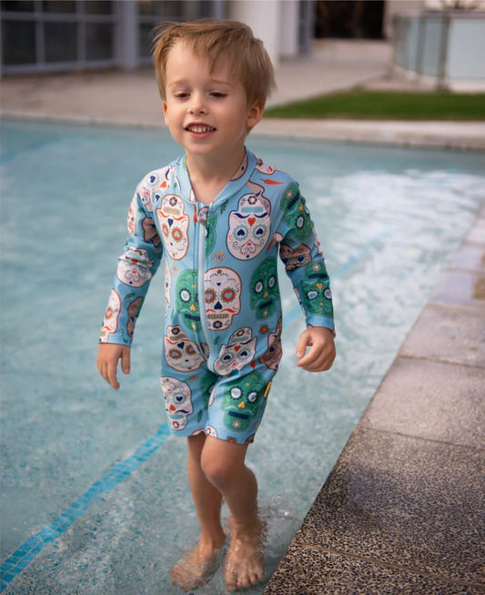 Kids Long Sleeve Sunsuit | Skulls Amigo | UPF 50+ Full Coverage Swimwear
