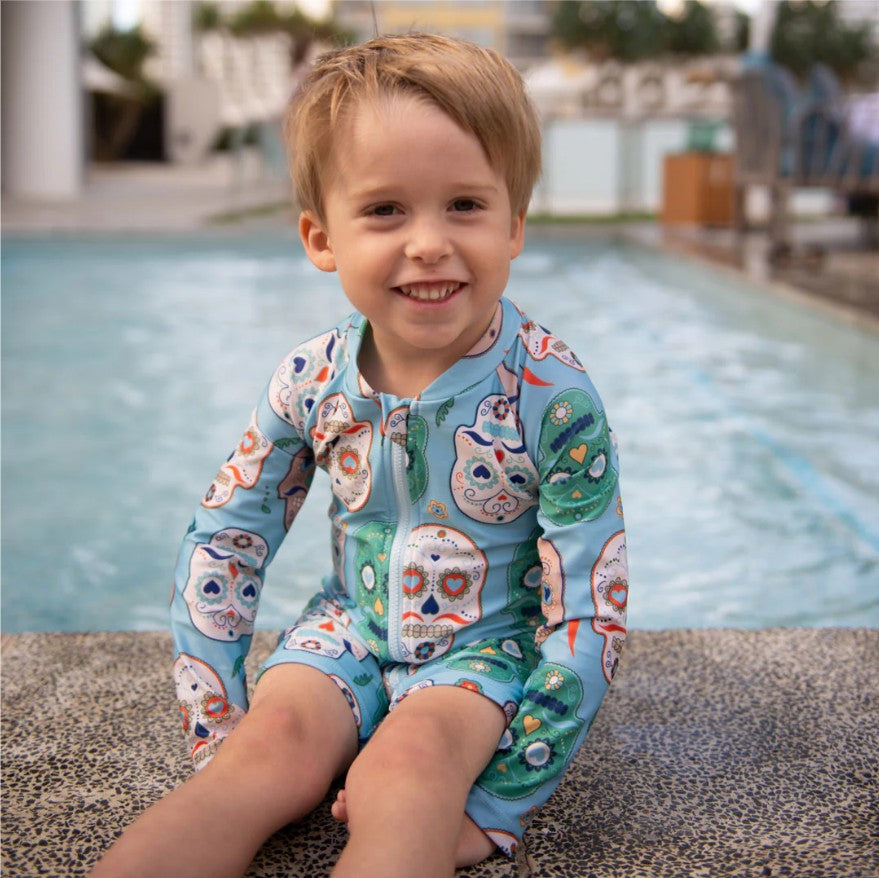 Kids Long Sleeve Sunsuit | Skulls Amigo | UPF 50+ Full Coverage Swimwear