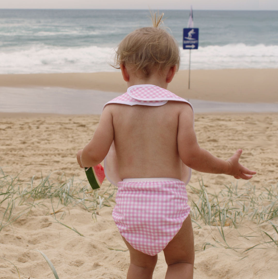 On The Go Gift Set - Reusable Swim Nappy, Wet Bag and Baby Bib - Pink Gingham