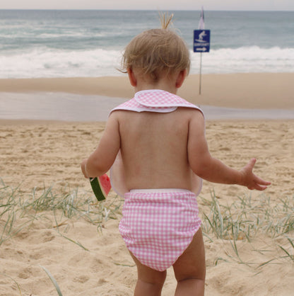 On The Go Gift Set - Reusable Swim Nappy, Wet Bag and Baby Bib - Pink Gingham