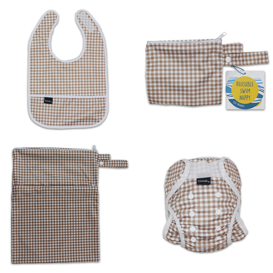 On The Go Gift Set - Reusable Swim Nappy, Wet Bag and Baby Bib - Fawn Gingham