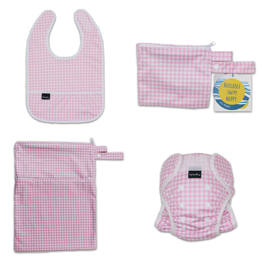 On The Go Gift Set - Reusable Swim Nappy, Wet Bag and Baby Bib - Pink Gingham