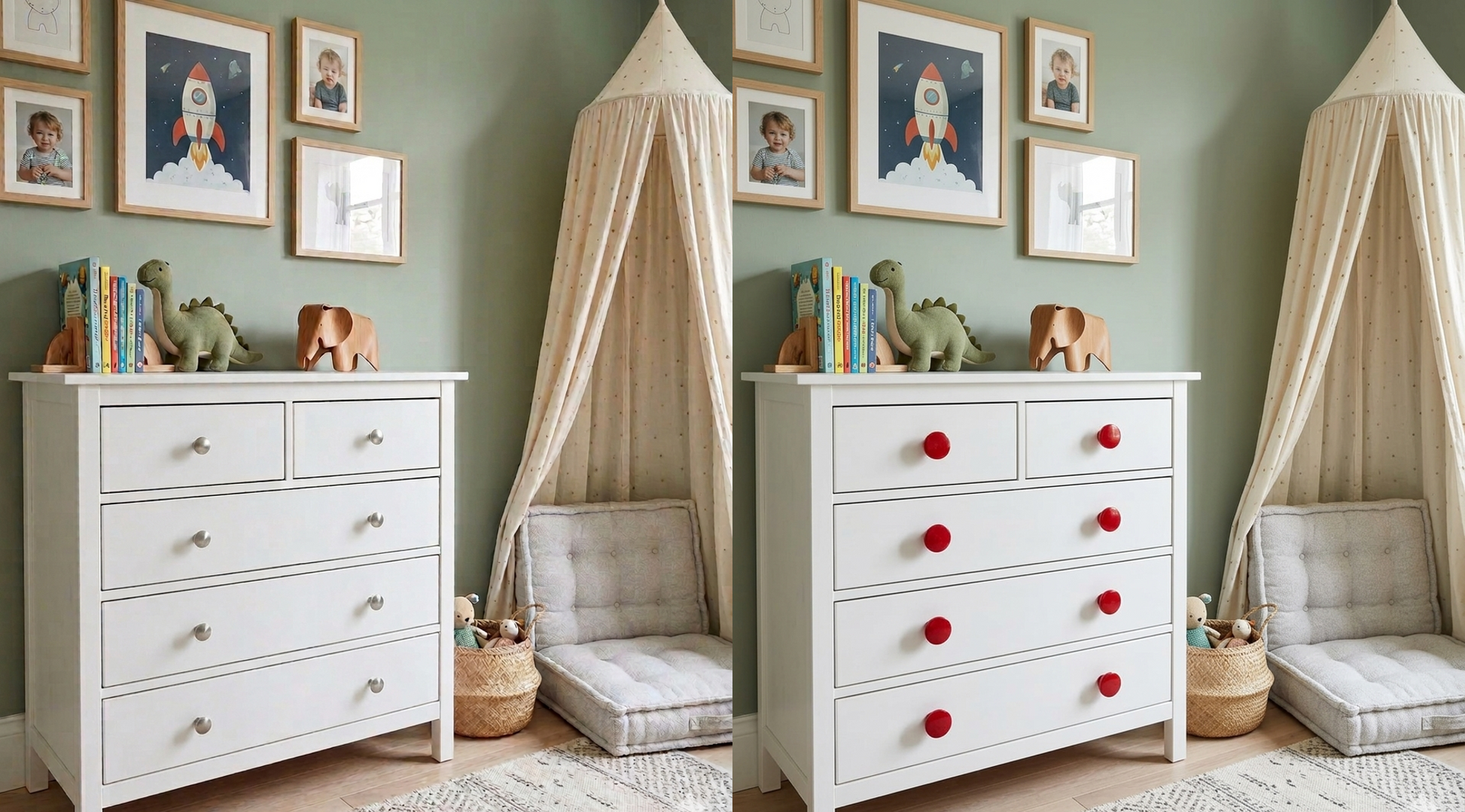 Before and after photo of a Stylish child's bedroom with a whitte chest of drawers showing upgraded red recycled plastic drawer handles