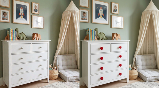 Before and after photo of a Stylish child's bedroom with a whitte chest of drawers showing upgraded red recycled plastic drawer handles