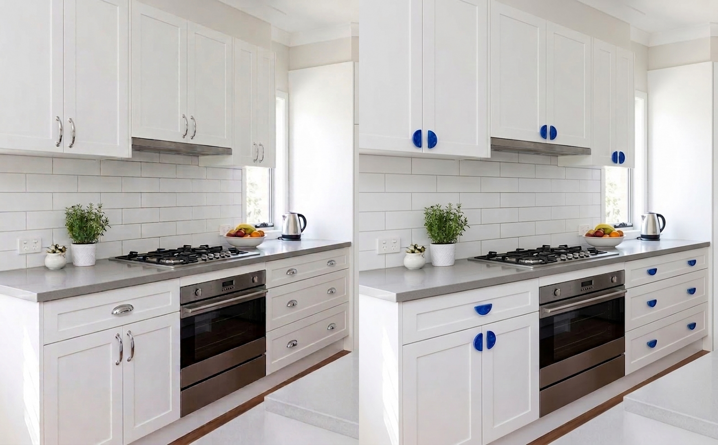 comparative before and after photo of a modern kitchen where cabinet handles have been upgraded with blue recycled plastic cabinet handles