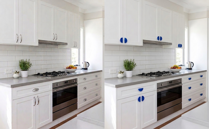 comparative before and after photo of a modern kitchen where cabinet handles have been upgraded with blue recycled plastic cabinet handles