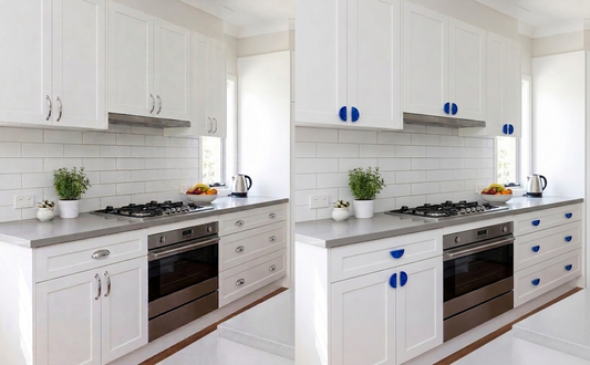 comparative before and after photo of a modern kitchen where cabiet handles have been upgraded with blue recycled plastic cabinet handles