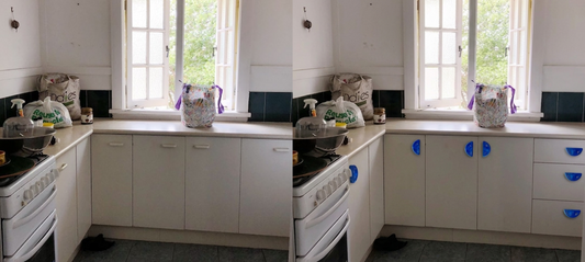 Comparative before and after photo of an older style kitchen showing new blue recycled plastic cabinet handles after the upgrade
