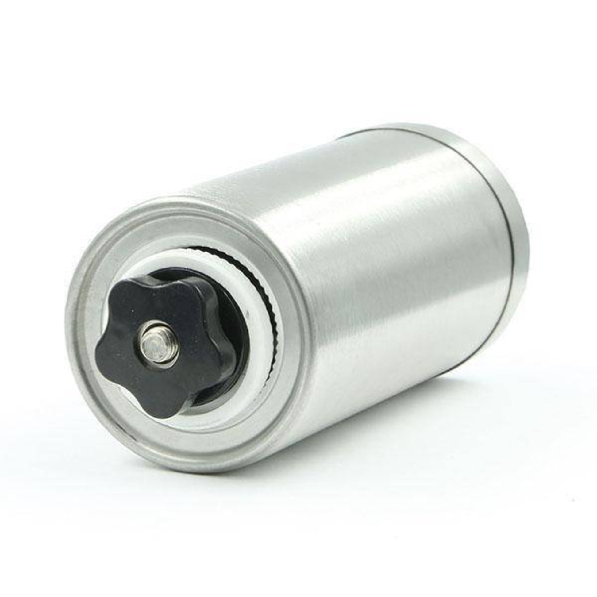 The inner components and adjustable ceramic burr mill mechanism of a manual coffee grinder arranged on a white background.