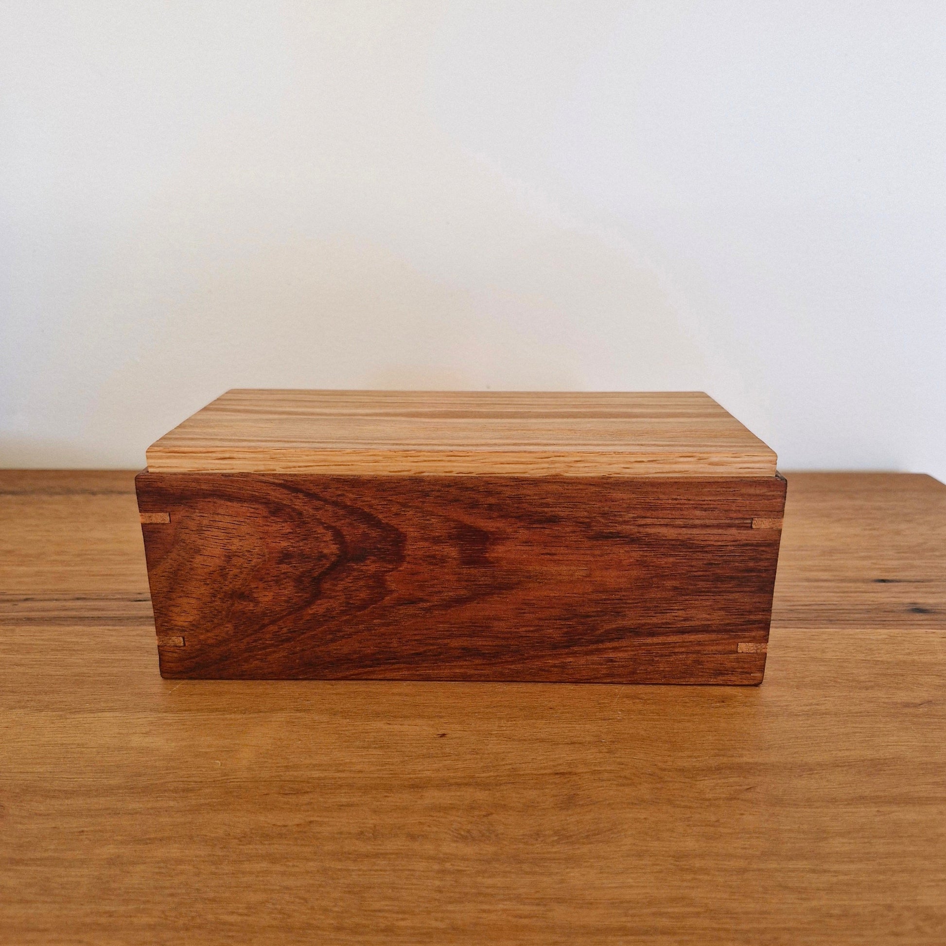 Front profile view of an artisan timber keepsake box, Australian made from reclaimed premium hardwoods.