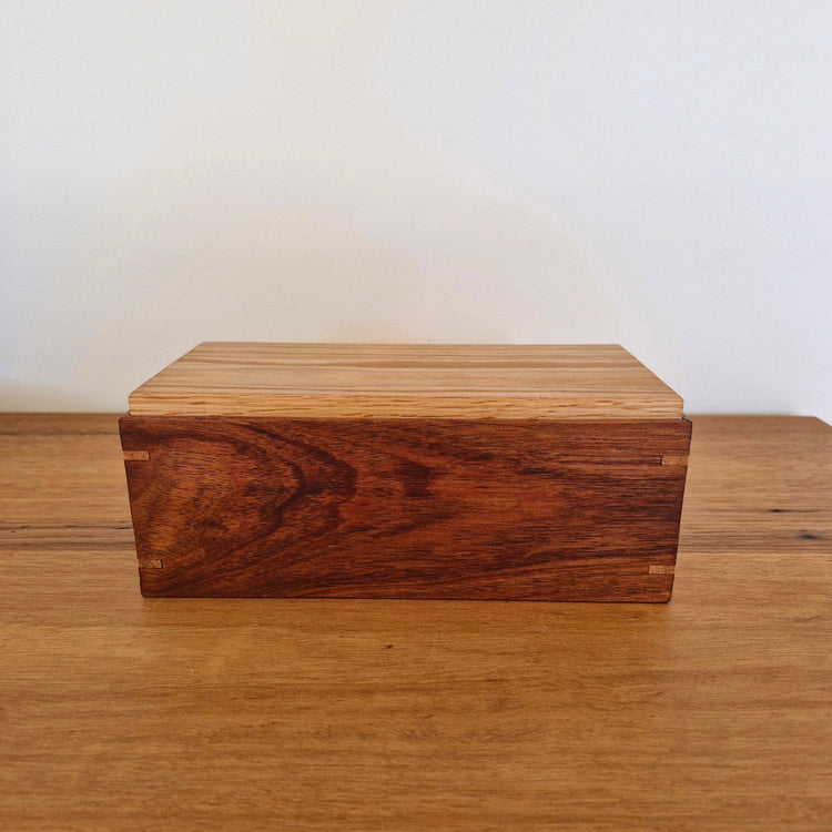 Front profile view of an artisan timber keepsake box, Australian made from reclaimed premium hardwoods.