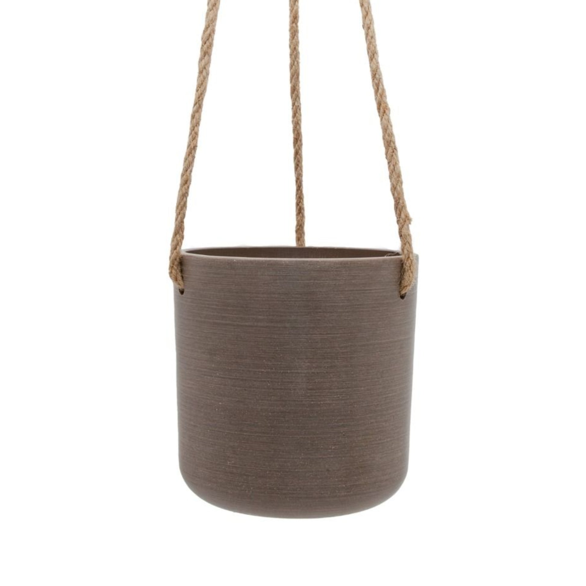 Single Austin recycled plastic hanging planter pot with fine woven hemp rope and metal S hook on a clean white background, available in Australia in small beachwood.