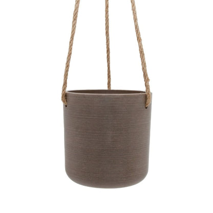Single Austin recycled plastic hanging planter pot with fine woven hemp rope and metal S hook on a clean white background, available in Australia in small beachwood.