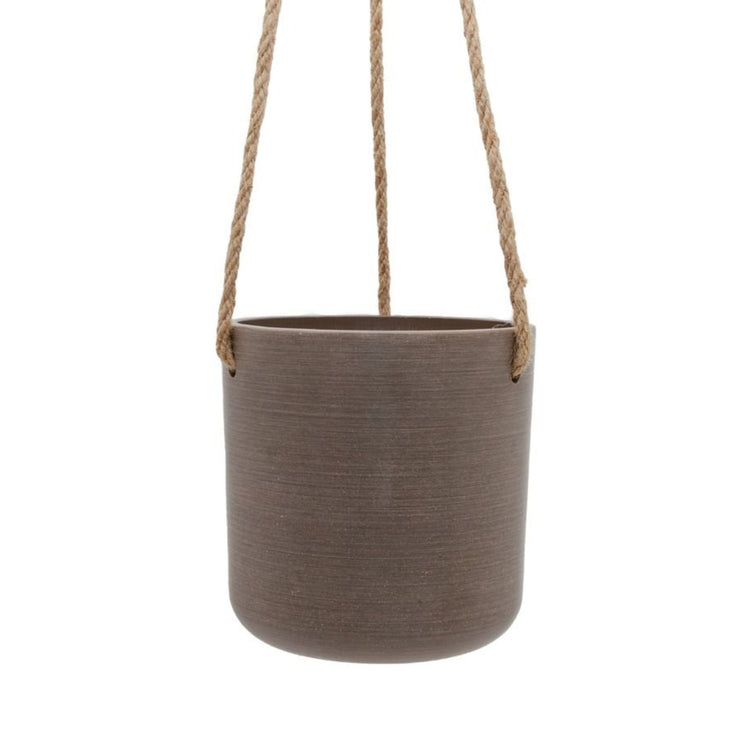 Single Austin recycled plastic hanging planter pot with fine woven hemp rope and metal S hook on a clean white background, available in Australia in small beachwood.