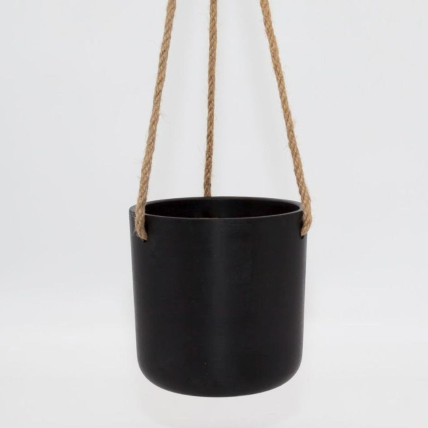 Single Austin recycled plastic hanging planter pot with fine woven hemp rope and metal S hook on a clean white background, available in Australia in small black.