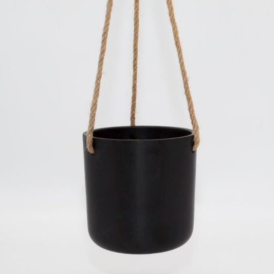 Single Austin recycled plastic hanging planter pot with fine woven hemp rope and metal S hook on a clean white background, available in Australia in small black.