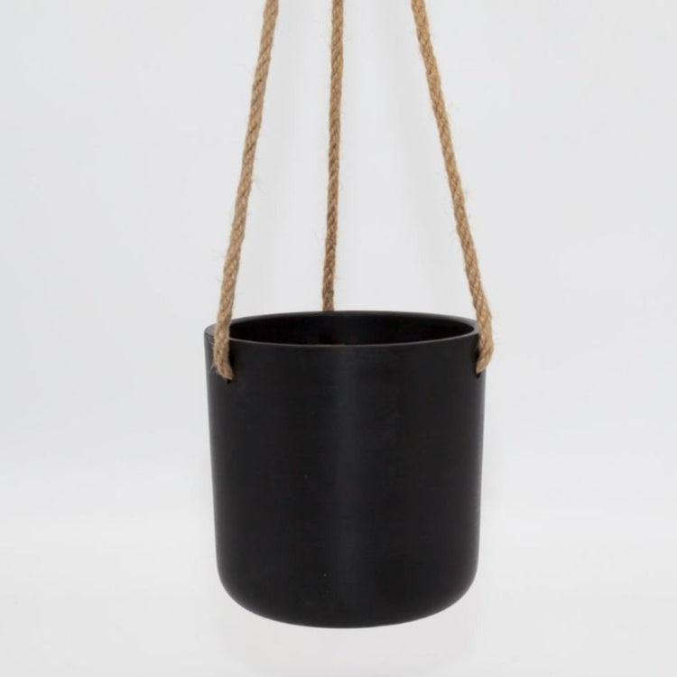 Single Austin recycled plastic hanging planter pot with fine woven hemp rope and metal S hook on a clean white background, available in Australia in small black.
