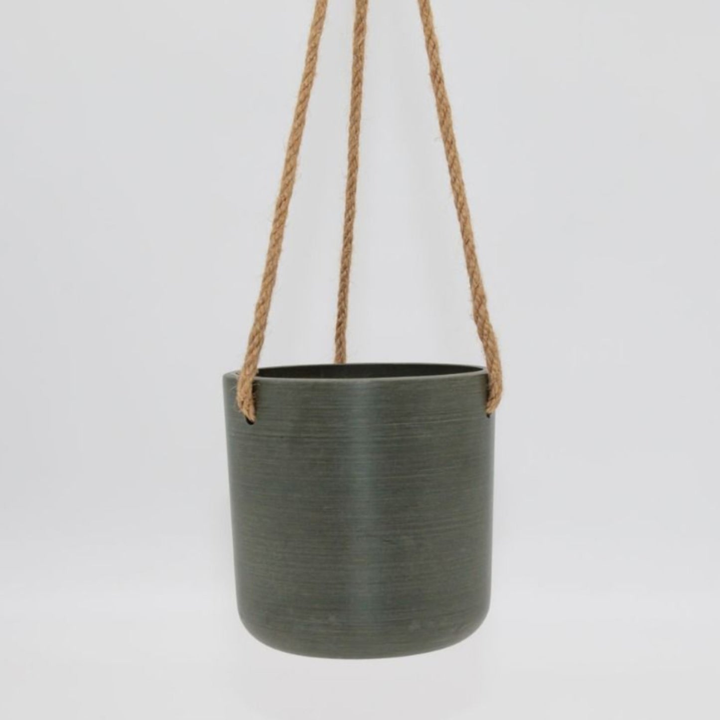 Single Austin recycled plastic hanging planter pot with fine woven hemp rope and metal S hook on a clean white background, available in Australia in olive small.