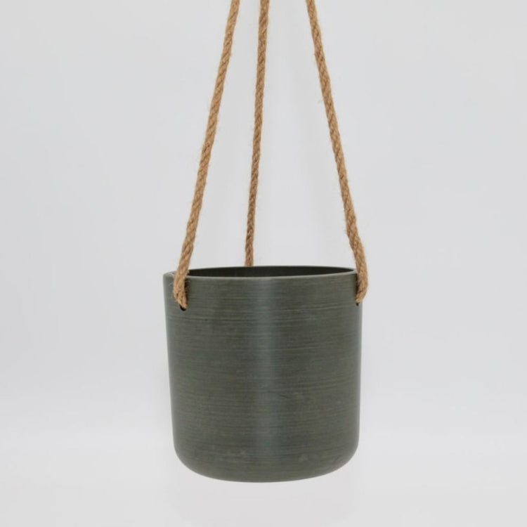 Single Austin recycled plastic hanging planter pot with fine woven hemp rope and metal S hook on a clean white background, available in Australia in olive small.