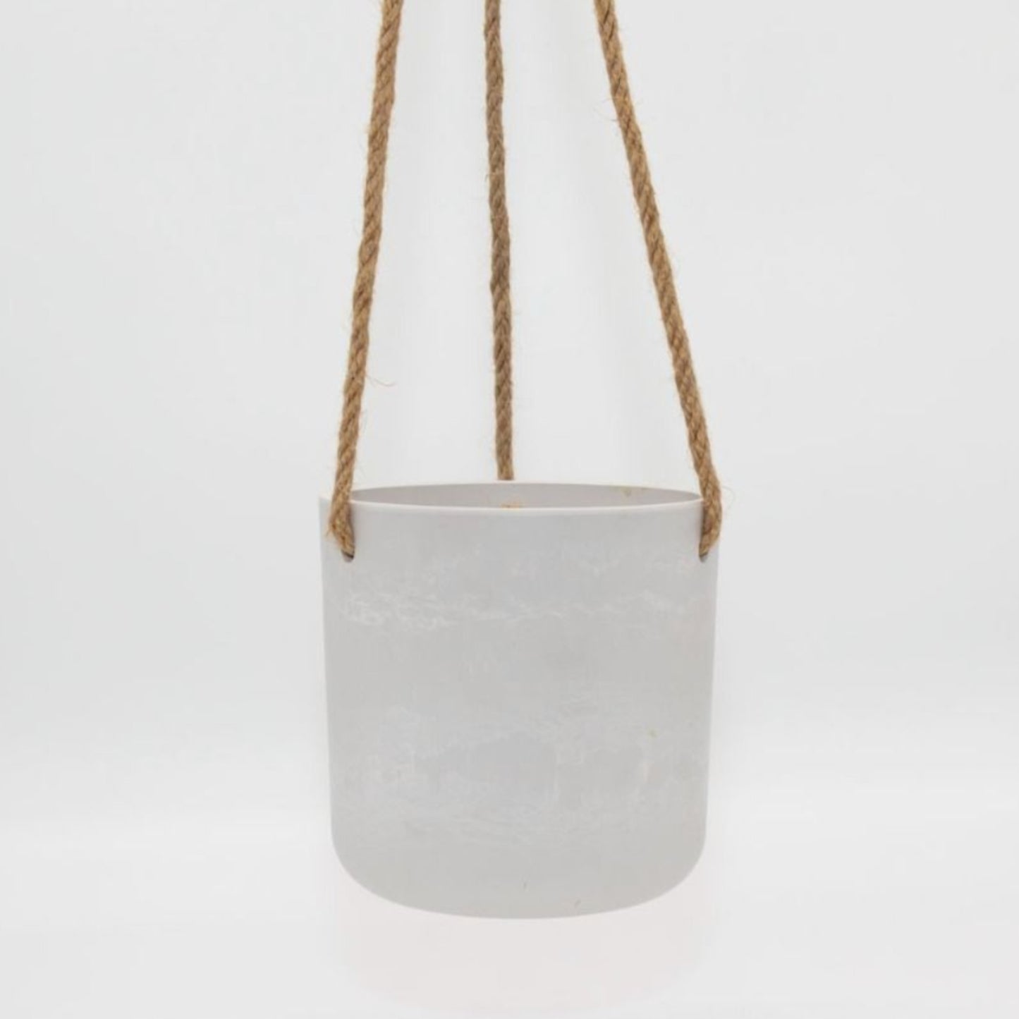 Single Austin recycled plastic hanging planter pot with fine woven hemp rope and metal S hook on a clean white background, available in Australia in white small.