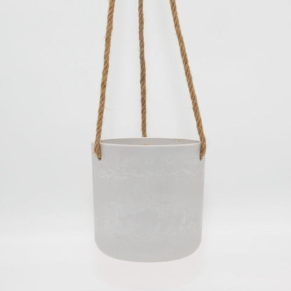 Single Austin recycled plastic hanging planter pot with fine woven hemp rope and metal S hook on a clean white background, available in Australia in white small.