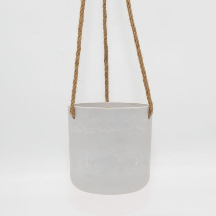 Single Austin recycled plastic hanging planter pot with fine woven hemp rope and metal S hook on a clean white background, available in Australia in white small.