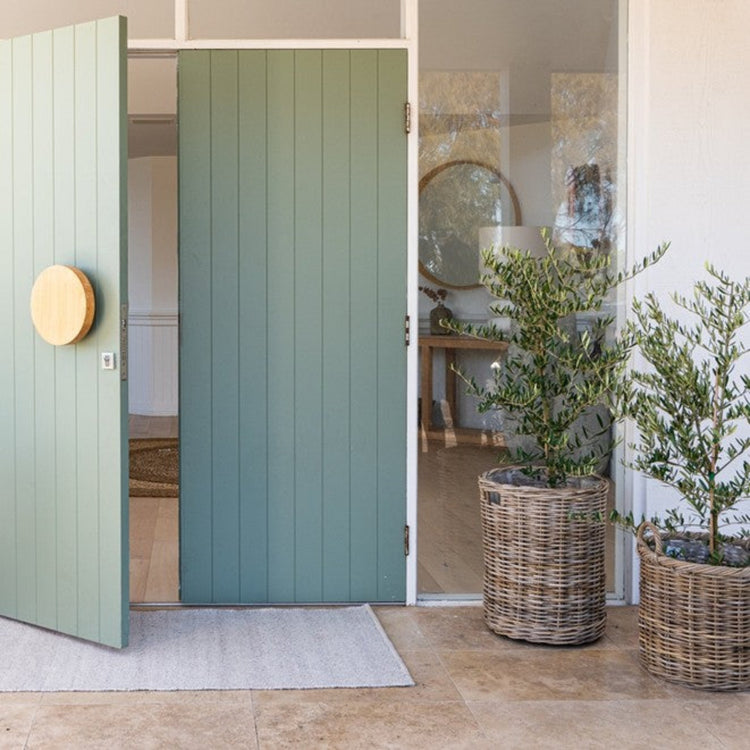 Zebra Home Bates ivory front door mat styled at a modern entry threshold with a green door, showing low profile door clearance.