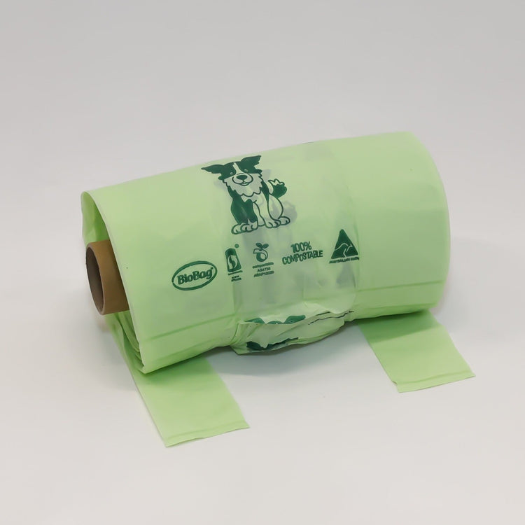 BioBag certified compostable dog waste bags roll of 150 count for eco-friendly pet poop disposal in Australia.