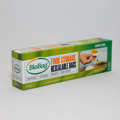 BioBag certified compostable resealable food storage bags 20 pack box for eco-friendly kitchen organization and lunch preparation side view.