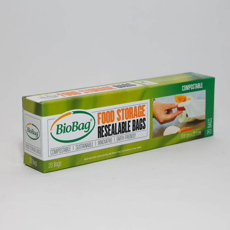BioBag certified compostable resealable food storage bags 20 pack box for eco-friendly kitchen organization and lunch preparation side view.