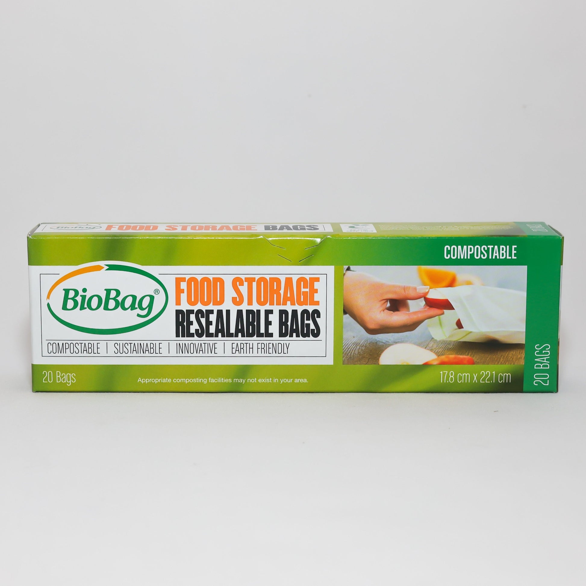 BioBag certified compostable resealable food storage bags 20 pack box for eco-friendly kitchen organization and lunch preparation.