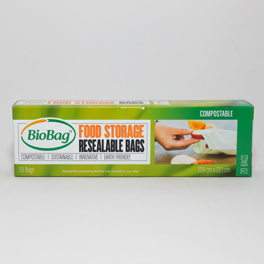 BioBag certified compostable resealable food storage bags 20 pack box for eco-friendly kitchen organization and lunch preparation.