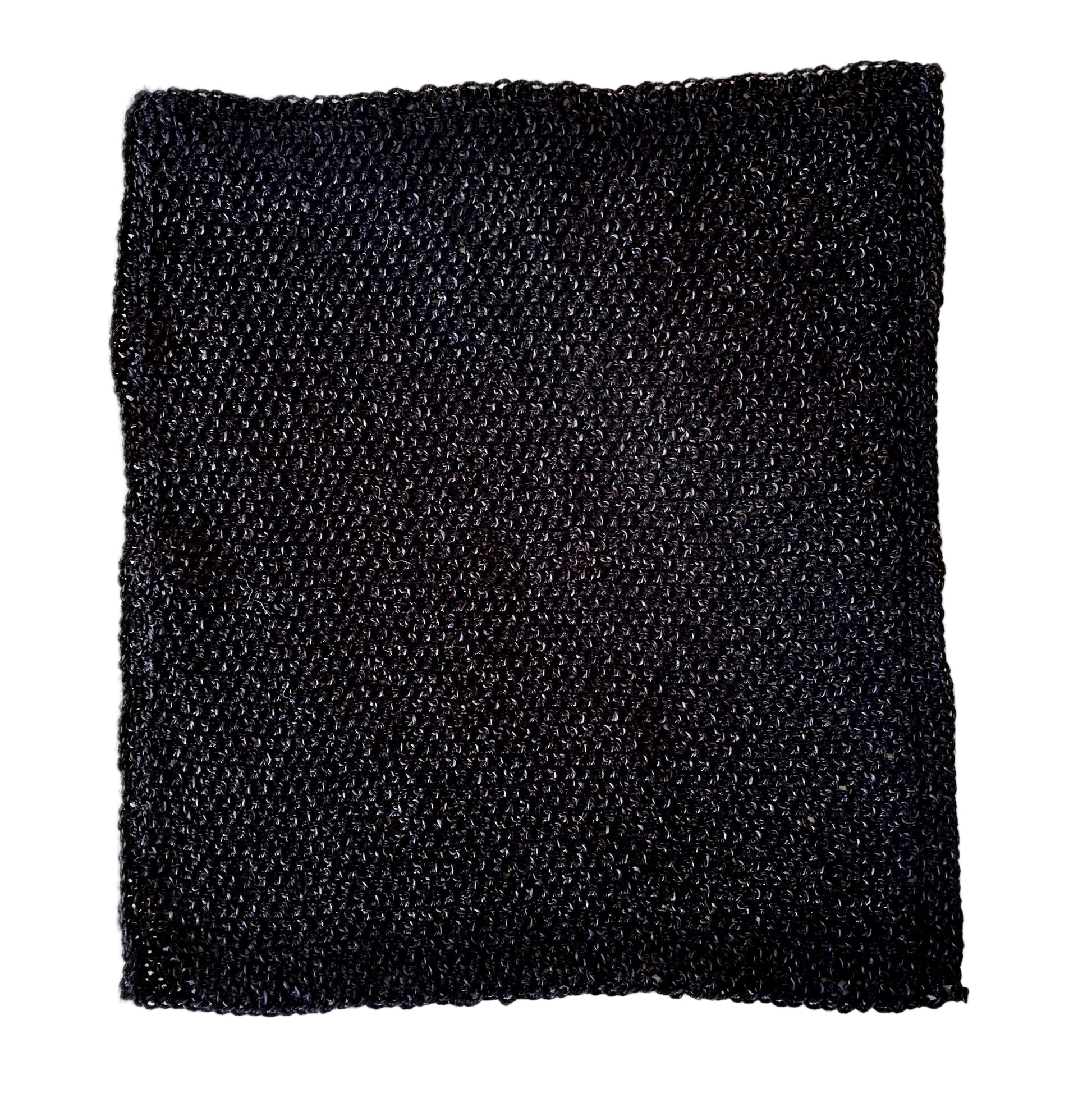 Black handmade heavy-duty acrylic scrubbing cloth made from salvaged yarn mill ends for tough kitchen cleaning.