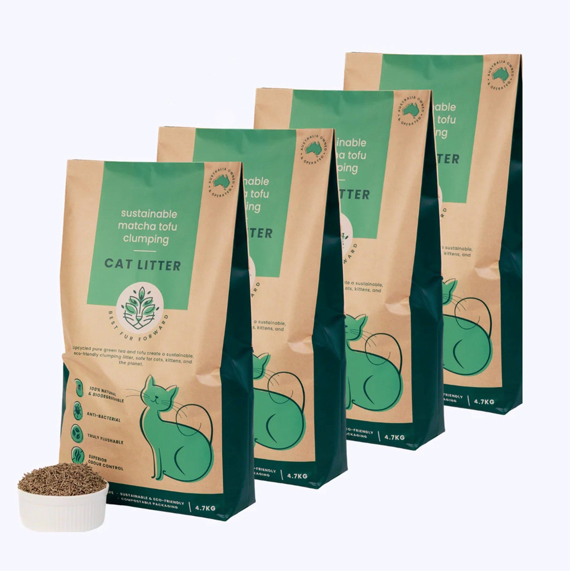 Best Fur Forward bulk 4 pack 4.7kg bag of natural tofu and matcha clumping cat litter with a small bowl displaying the green pellets on a clean white surface.