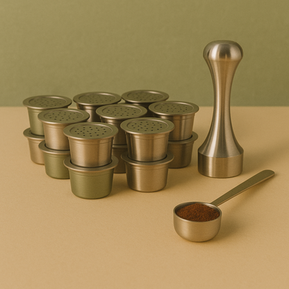 Ten eco-friendly stainless steel refillable coffee pods with a measuring scoop and espresso packing tamper, arranged on a benchtop with ground coffee.