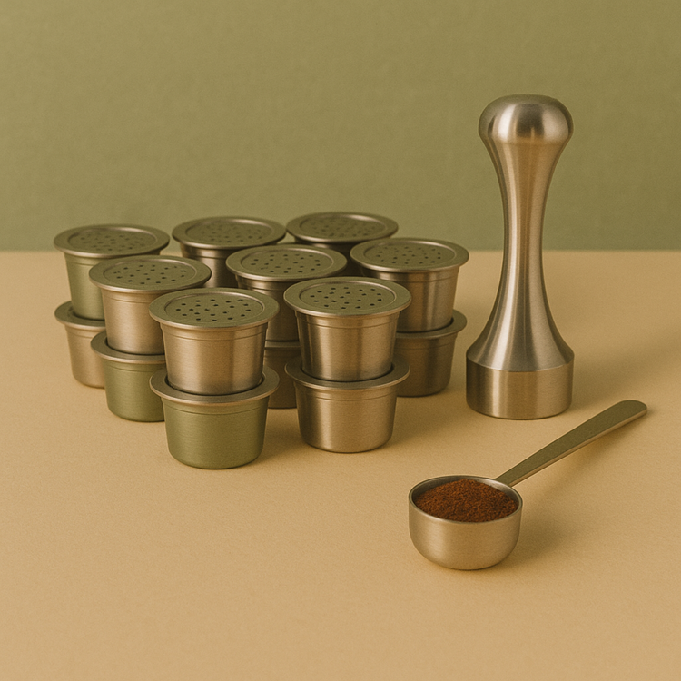 Ten eco-friendly stainless steel refillable coffee pods with a measuring scoop and espresso packing tamper, arranged on a benchtop with ground coffee.