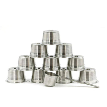 Ten eco-friendly stainless steel refillable coffee pods with a measuring scoop optimized for office or high-volume home use.