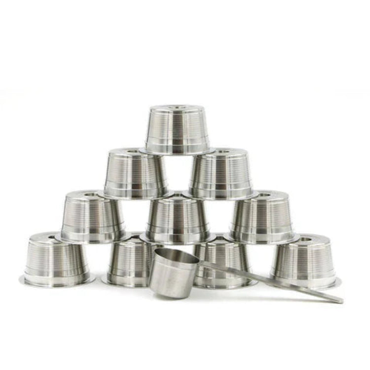 Ten eco-friendly stainless steel refillable coffee pods with a measuring scoop optimized for office or high-volume home use.