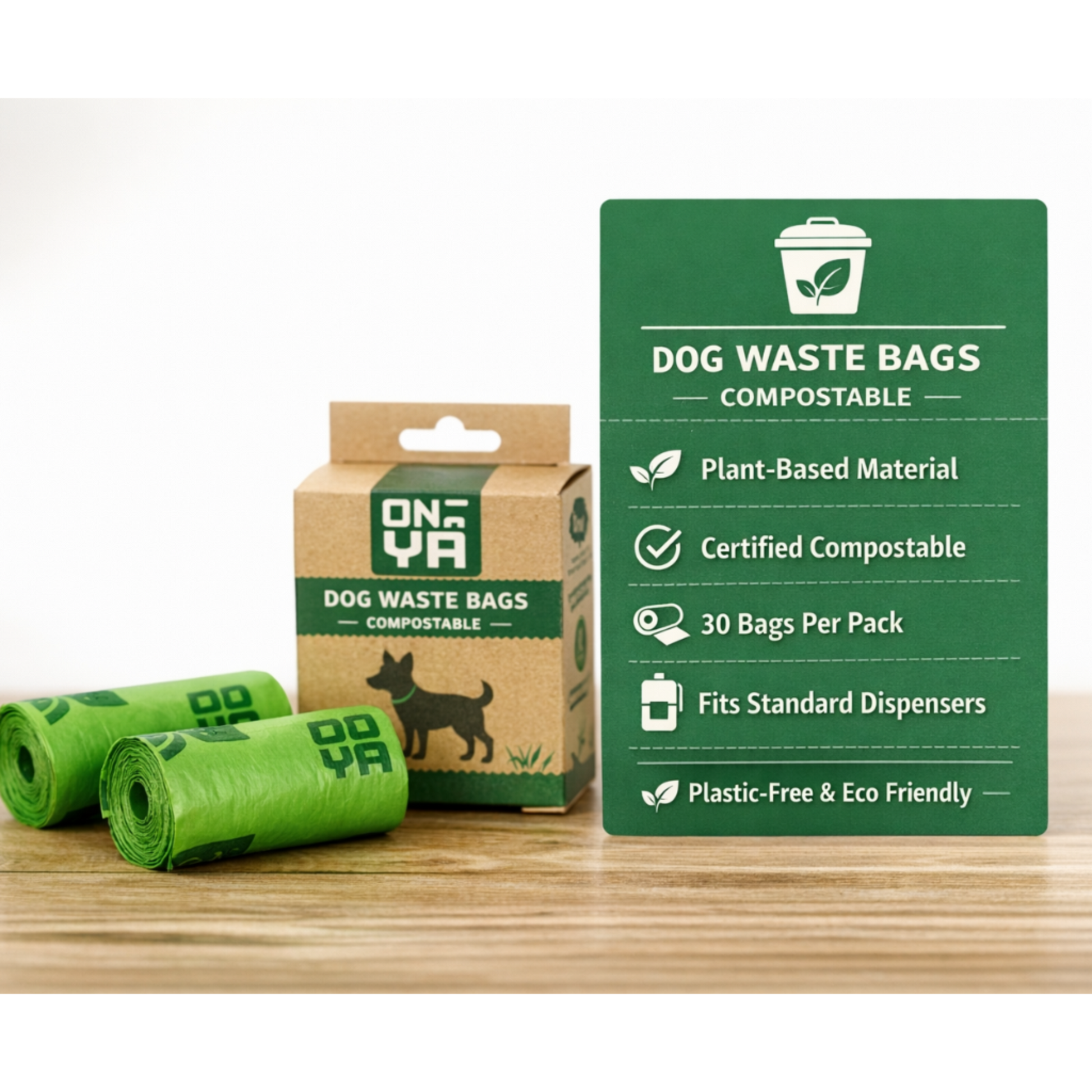 Infographic outlining Onya dog waste bags certified to international compostable standards, 100 percent free from GMOs, petrochemicals, and palm oil.