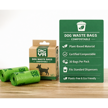 Infographic outlining Onya dog waste bags certified to international compostable standards, 100 percent free from GMOs, petrochemicals, and palm oil.